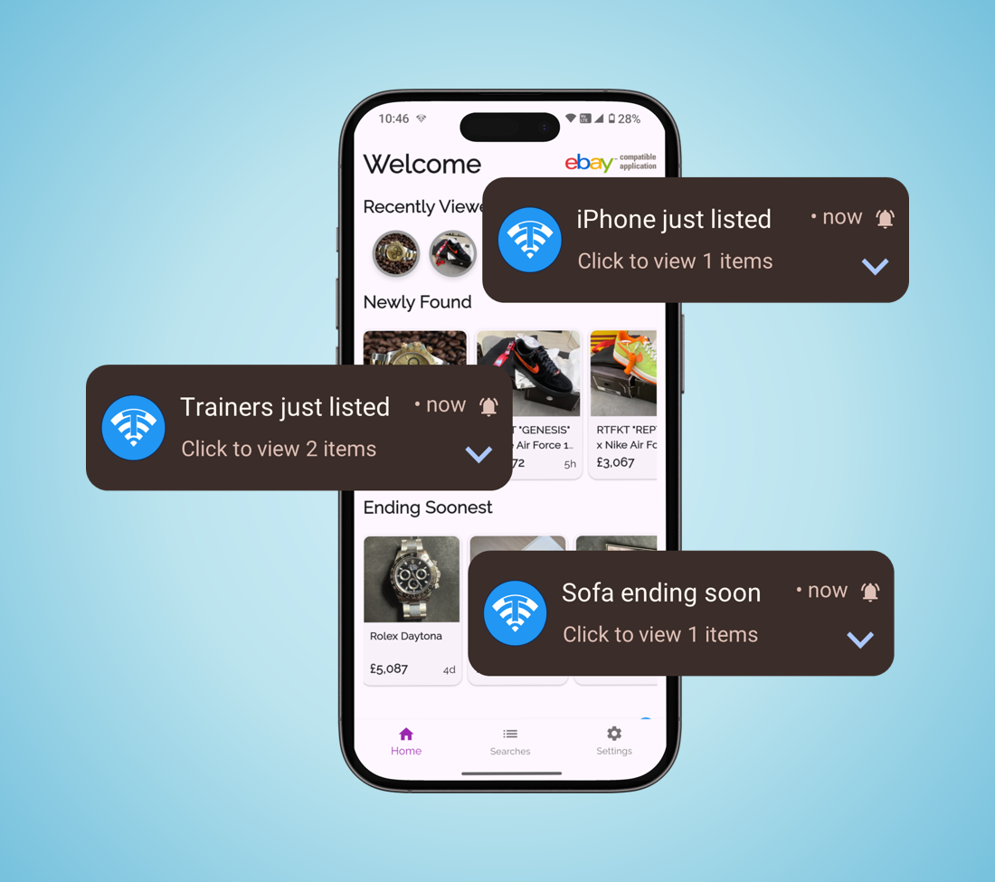 Screenshot of eBay mobile alerts showing new item notifications